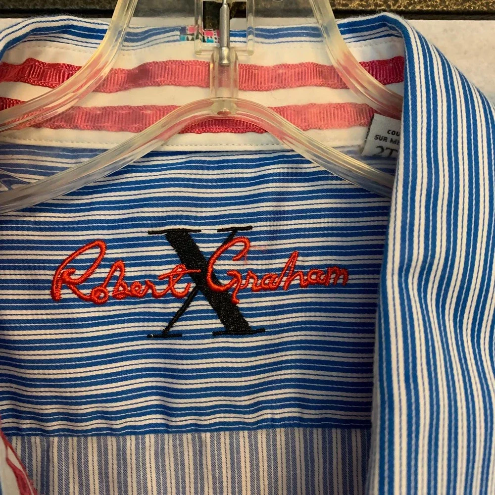 ROBERT GRAHAM Blue Stripe Button Down‎ Flip Cuff Dress Shirt Men's 2XL